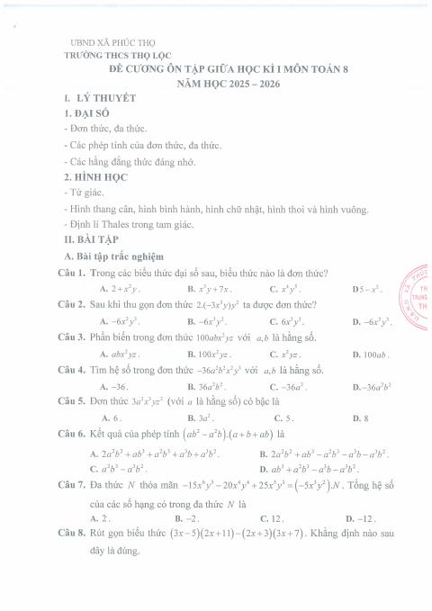 Đề cương ôn tập Giữa kì 1 Toán 8 năm 2025–2026 trường THCS Thọ Lộc (Hà Nội)